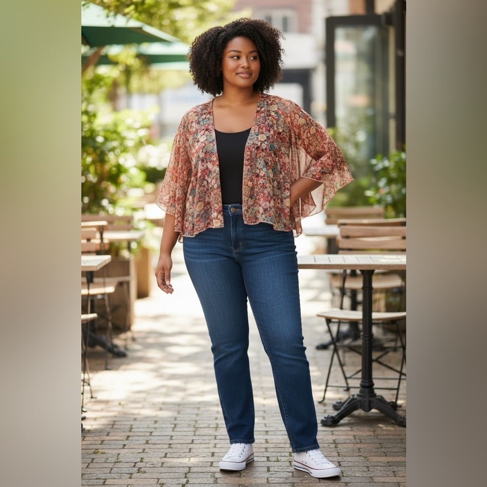American rag 3x Floral Semi Sheer Open Front Kimono